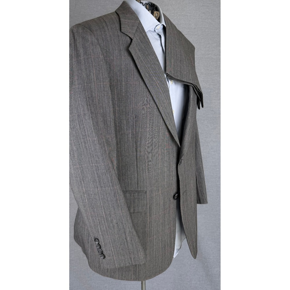 Halston Mens Pure Wool 2 Piece Suit Gray Glen Plaid Red Overcheck 42R 37x29